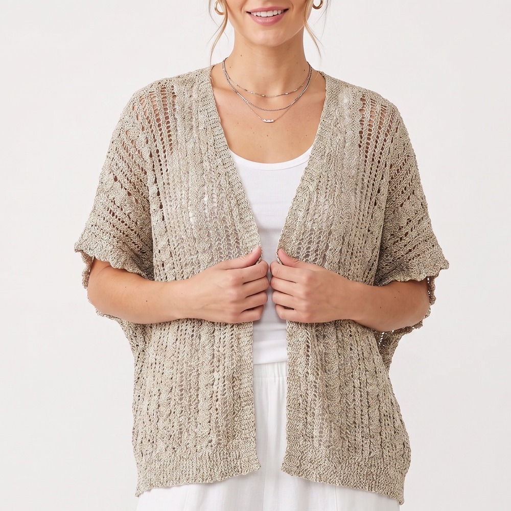 World Market Cardigan Womens OS Open Front Beige Marled Crochet Knit Excellent